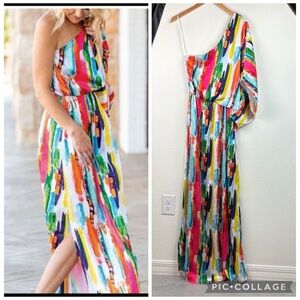 Judith March silky one shoulder colorful maxi dress with side slit, EUC!